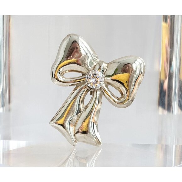 Jewelry - Ribbon Bow Shaped Sterling Silver Cubic Zirconia Accented Avant Vintage Brooch